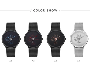 Four colors of men's quartz watches with mesh stainless steel bands and chronograph style