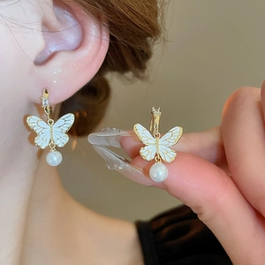 French vintage butterfly earrings with pearls and zircons in gold plating for women