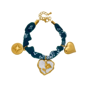 French vintage green fabric cord bracelet with gold star and floral heart charms