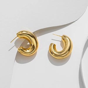 Polished 18K gold plated stainless steel chunky C-shaped hoop earrings for women