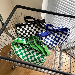 Fashionable checkered canvas Boston crossbody bag with adjustable wide shoulder strap
