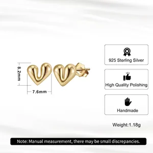 S925 sterling silver heart stud earrings with 14k gold plating and polished finish