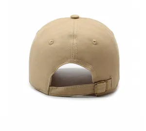 Back view of beige cotton baseball cap with adjustable bronze metal buckle strap