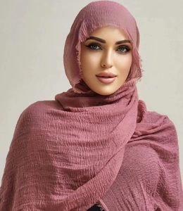 Solid crinkle cotton linen scarf in dark dusty purple with stylish frayed edges
