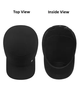 Detailed top and inside views of a black winter thermal flat top cap with metal logo