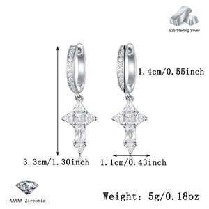 Detailed dimension guide for 925 sterling silver cross earrings with AAAAA cubic zirconia