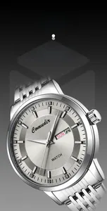Macro shot of silver automatic watch with sunray dial, day-date window and rhinestone markers