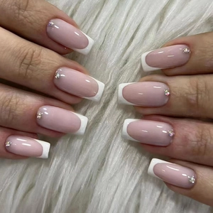 Press On Nails Square Medium Long French White Tips Light Pink Base With Small Rhinestone Elegant Minimalist False Nails
