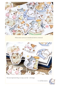Detailed view of colorful cartoon cat stickers applied on a notebook and wooden desk