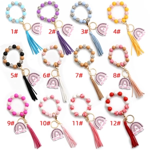 Leopard print and silicone beaded MAMA keychains with colorful tassels in 12 styles
