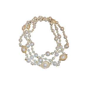 Elegant multi-layer faux pearl necklace with gold rhinestone oval charms for women