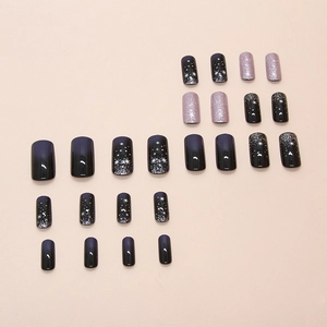 Starry night purple glitter long square fake nails, 24 pieces of gradient press-on nails