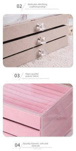 Macro detail of acrylic jewelry box with velvet lining and crystal handle pulls