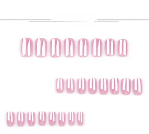 Flat lay showing 24 pieces of short square pink press-on nails in various sizes
