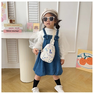 Toddler fashion look featuring a unicorn print crossbody chest bag with denim dress