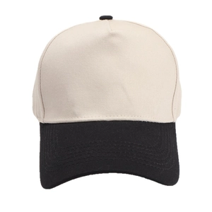 Two-tone baseball cap in beige and black with minimalist five-panel design and curved brim
