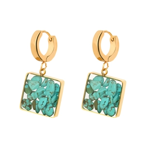 Gold hoop earrings featuring square pendants with turquoise natural stone infill
