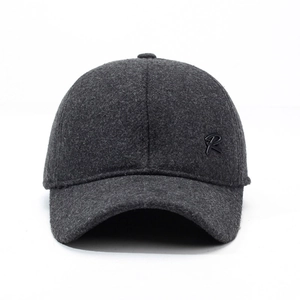 Winter charcoal wool baseball cap with metal R logo and ear protection for outdoor warmth