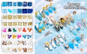 Dettaglio del set nail art a 12 griglie a tema oceano con conchiglie e stelle marine