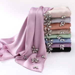 Elegant Long Satin Scarf Hijab For Women Glossy Simulated Satin Wrap With Handcrafted Floral Rhinestones Decorative Shawl