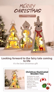 Close-up of wooden Christmas tree and snowman ornaments with warm glowing LED lights