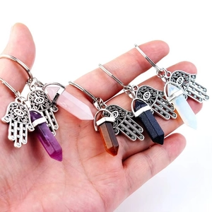 Hamsa hand crystal keychains set featuring amethyst, rose quartz and tiger eye pendants