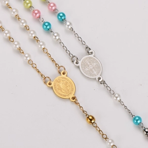 Stainless Steel Rosary Necklace Featuring Colorful Faux Artificial Pearls And Cross Pendant With St Benedict Medal Religious Jewelry