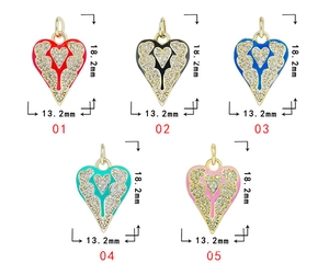 Detailed size view of five 18K gold plated winged heart pendants with colorful enamel