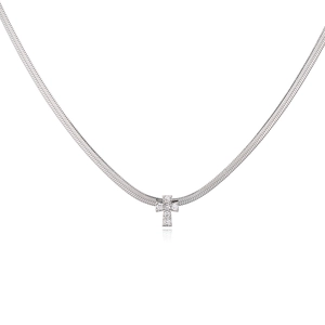 Elegant silver snake chain necklace featuring a polished cross pendant with cubic zirconia