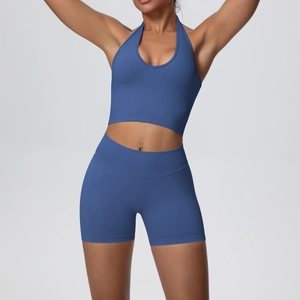 Close-up of seamless ribbed waistband on high-waist yoga shorts for firm support