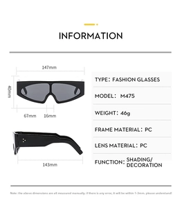 Size chart for wide leg retro sunglasses showing dimensions 147mm width and PC material