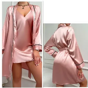 Women silk satin two-piece sleepwear set with V-neck slip dress and belted robe