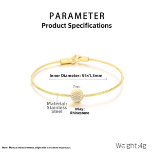 Detailed technical drawing of a gold wire bangle with rhinestone disk and dimensions