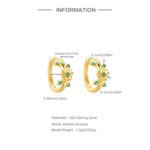 Detail of gold flower earrings with green zirconia and S925 sterling silver specifications