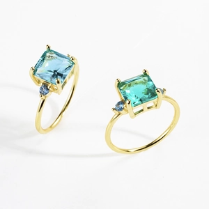 Elegant S925 sterling silver square-cut blue gemstone ring with 18k gold plating