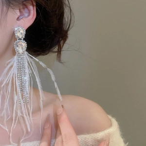 Detail of elegant silver drop earrings featuring white feathers and shimmering tassels