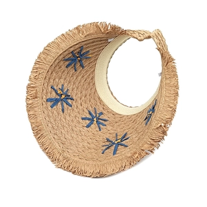 Women's woven straw visor hat with blue star accents and stylish fringe brim for sun protection