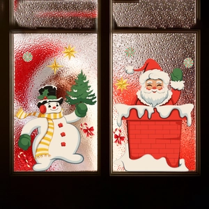 Detail of snowman and Santa Claus static window stickers for Christmas home decoration