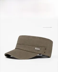 Detail of army green cadet cap with cotton twill fabric and side metal ventilation eyelets