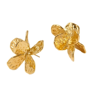 Polished gold stainless steel flower stud earrings with textured orchid petals for women
