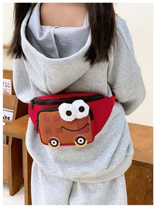 Red cartoon car kids crossbody bag with 3D eyes and waffle texture on nylon fabric