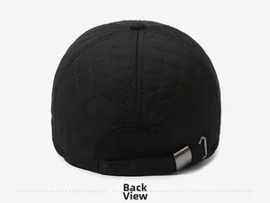 Back view of black quilted winter baseball cap with adjustable metal buckle and strap