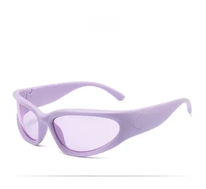 Close-up of lavender Y2K cycling sunglasses with matte finish and streamlined cat-eye design