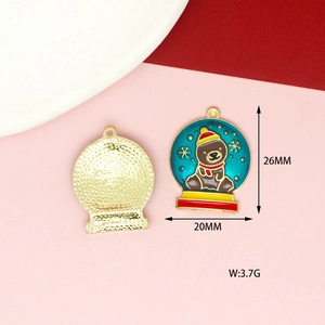 Detail view of 26mm Christmas bear crystal ball charm with dimensions and gold finish