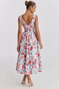 Detail of V-neck backless floral midi dress with white base and red-blue patterns
