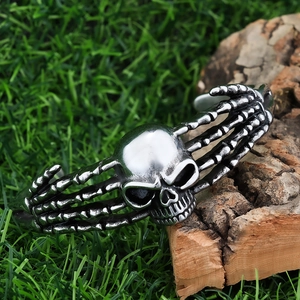 Gothic punk skull and bone hand stainless steel open cuff bracelet in vintage silver finish