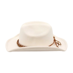 Close-up of white western cowboy hat with brown braided leather band and curved brim