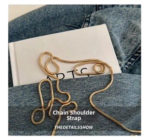 Detail of elegant gold snake chain strap on denim fabric for mini acrylic box bags