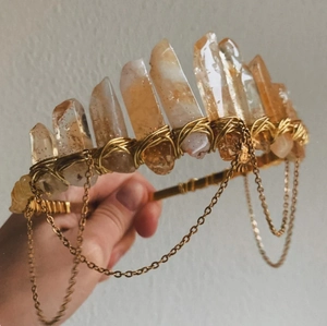 Handmade golden bridal crown with natural yellow citrine crystals and sun accessories
