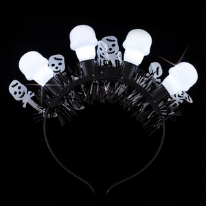Detail shot of glowing LED skull bulbs and ghost motifs on a Halloween headband